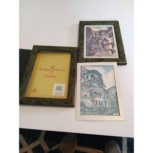 MCM Style Mexican Colonial Villiage Pair of Lithograph Prints, Global Boho